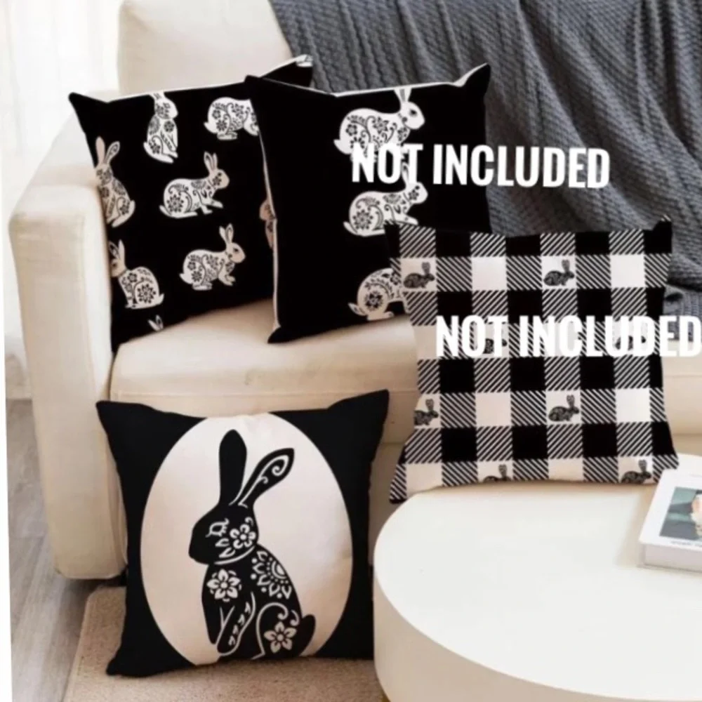 Seasonal Pillow Covers Easter Bunnies Zip Closure 17.7 In Black White Set of 2